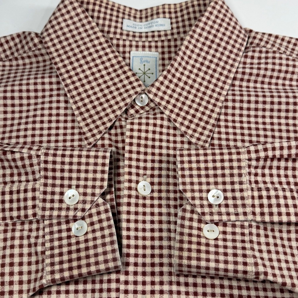 Vintage Burma Bibas Oxblood & Cream Gingham Check Cotton Button Down Shirt Large